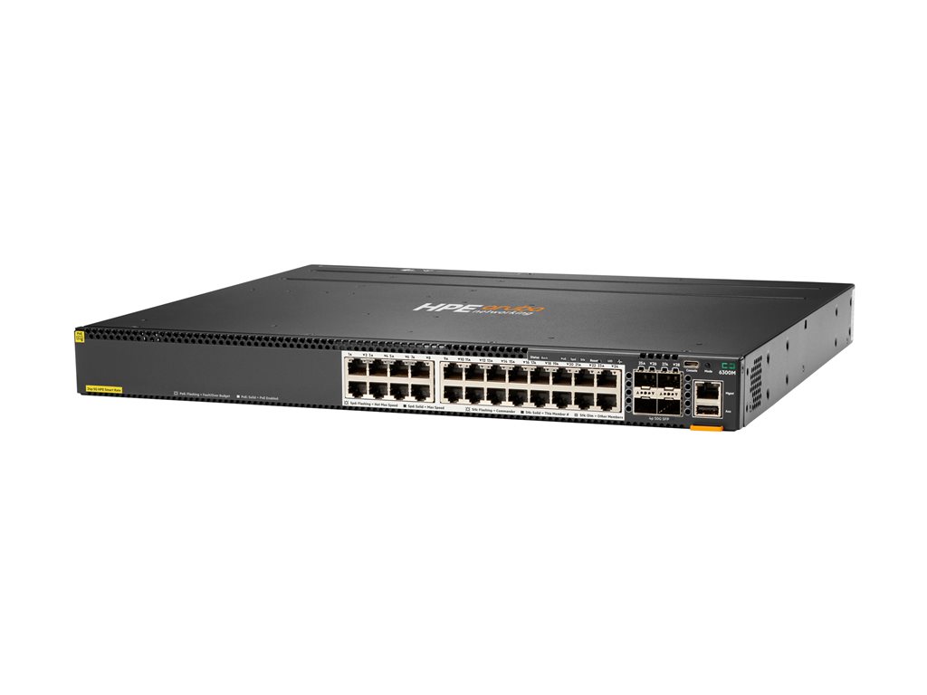 HPE Aruba 6300M - Switch - L3 - managed - 24 x 100 / 1000 / 2.5G / 5GBase-T (PoE+) + 4 x 1 Gigabit / 10 Gigabit / 25 Gigabit / 50 Gigabit SFP56 (Uplink / Stacking) - von vorne und von Seite zu hinten - an Rack montierbar - PoE+ (1440 W)